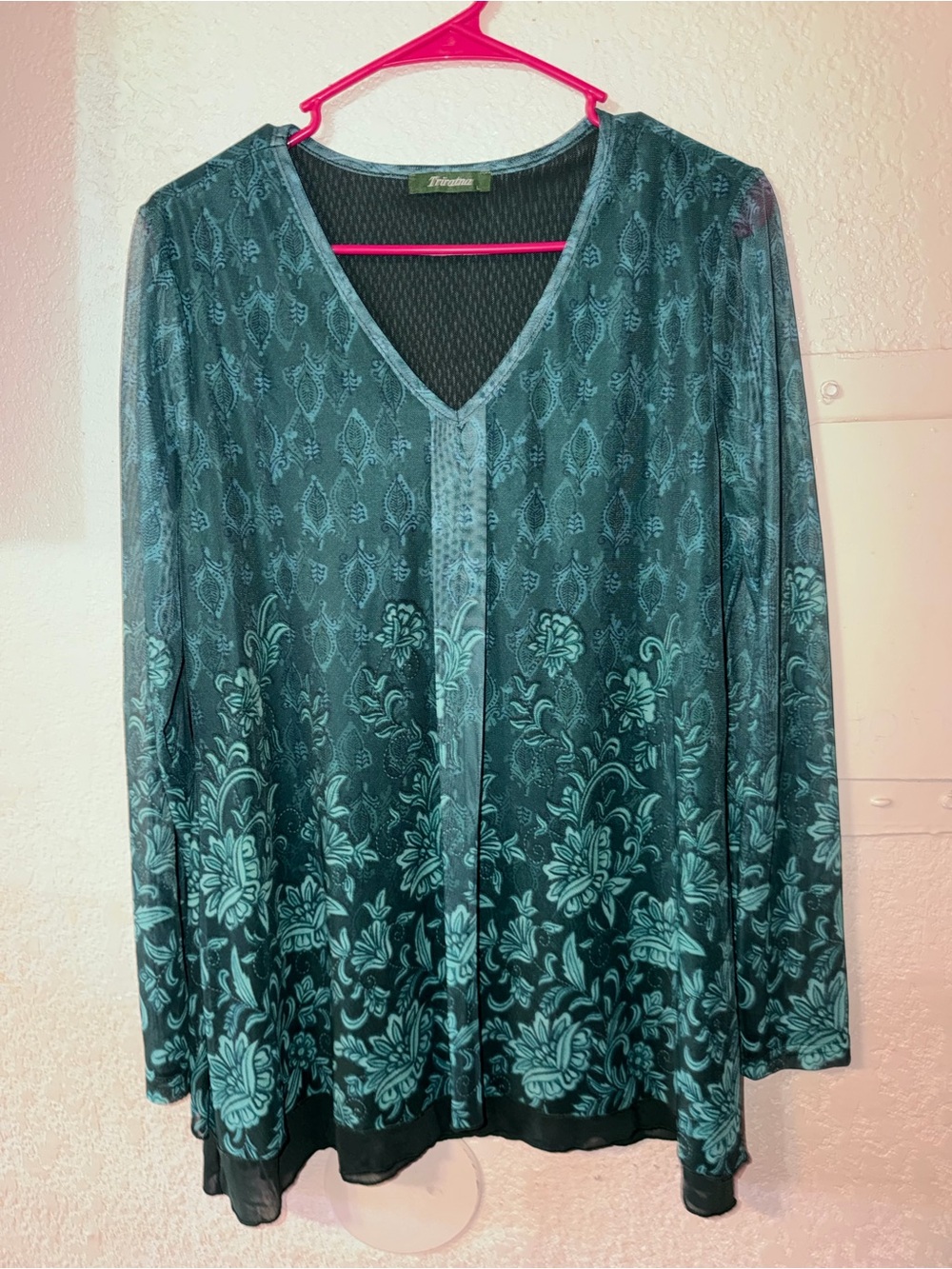 Teal Floral V-Neck Long Sleeve Blouse